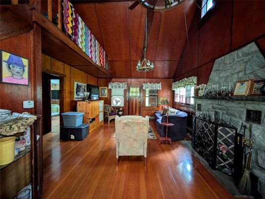 Fireplace, Interior, Living room, Stone Walls, Wooden Ceilings, Wood Texture Flooring, Wooden Walls