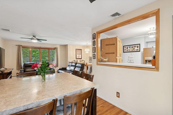 Dining room, Interior, Living room, Pendant Lights, Wood Texture Flooring