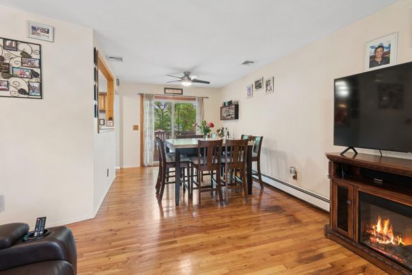 Dining room, Fireplace, Interior, Wood Texture Flooring