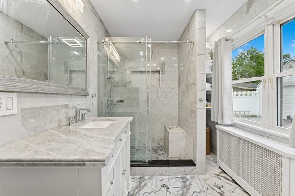Bathroom, Glass Shower, Interior, Marble, Marble Walls, Recessed Lighting