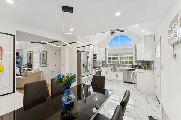 Interior, Kitchen, Marble, Pendant Lights, Recessed Lighting, Stainless Steel Appliances