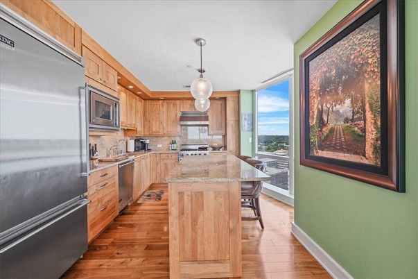 Dining room, Interior, Kitchen, Pendant Lights, Stainless Steel Appliances, Wood Texture Flooring