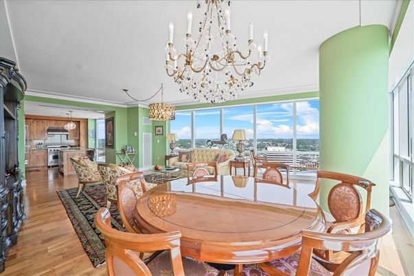 Chandelier, Dining room, Interior, Kitchen, Living room, Stainless Steel Appliances, Wood Texture Flooring