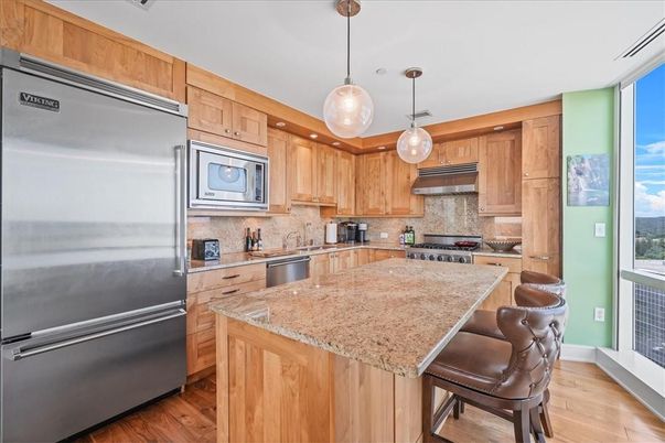 Interior, Kitchen, Pendant Lights, Stainless Steel Appliances, Wood Texture Flooring