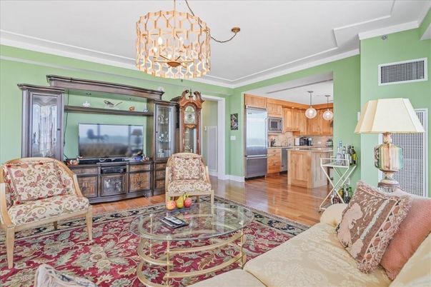 Chandelier, Interior, Kitchen, Living room, Stainless Steel Appliances, Wood Texture Flooring