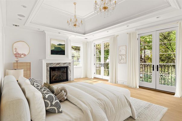 Bedroom, Chandelier, Fireplace, Interior, Recessed Lighting, Wood Texture Flooring