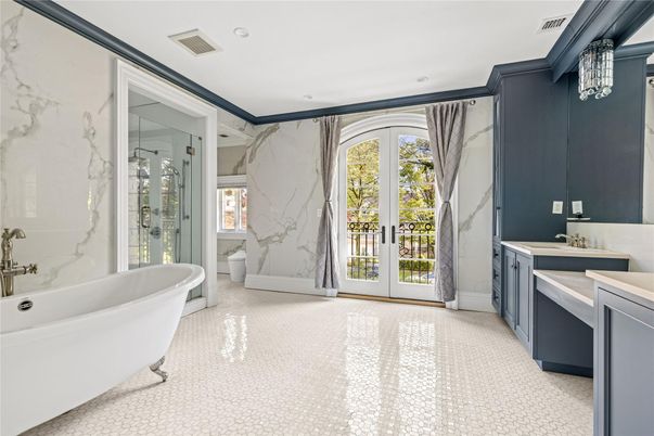 Bathroom, Free Standing Baths, Glass Shower, Interior, Marble Walls, Recessed Lighting