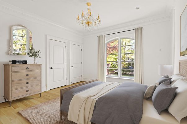 Bedroom, Chandelier, Interior, Recessed Lighting, Wood Texture Flooring