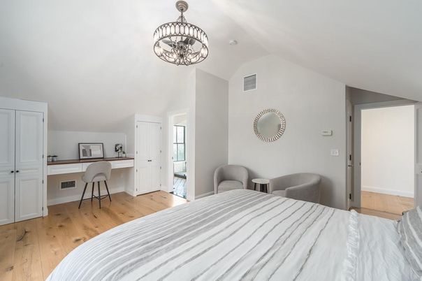 Bedroom, Chandelier, Home Office, Interior, Wood Texture Flooring