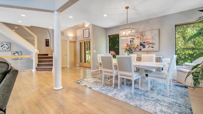 Dining room, Interior, Pendant Lights, Recessed Lighting, Wood Texture Flooring
