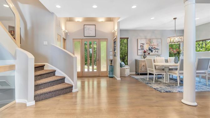 Dining room, Interior, Pendant Lights, Recessed Lighting, Wood Texture Flooring
