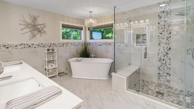 Bathroom, Chandelier, Free Standing Baths, Glass Shower, Interior, Marble, Marble Walls, Pendant Lights