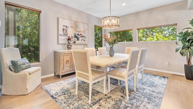 Dining room, Interior, Pendant Lights, Recessed Lighting, Wood Texture Flooring