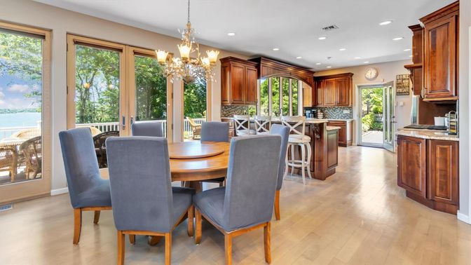 Chandelier, Dining room, Interior, Kitchen, Recessed Lighting, Wood Texture Flooring