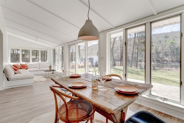 Dining room, Interior, Living room, Pendant Lights, Sun Room, Wood Texture Flooring