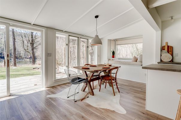 Dining room, Interior, Pendant Lights, Wood Texture Flooring