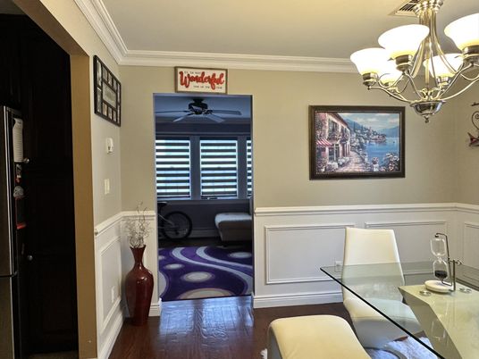 Chandelier, Home Office, Interior, Wood Texture Flooring