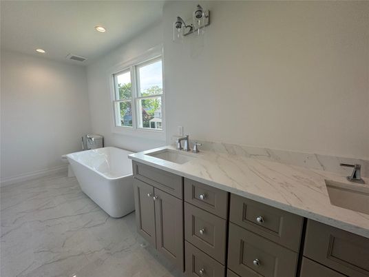 Bathroom, Dual Sink Vanities, Free Standing Baths, Interior, Marble, Recessed Lighting