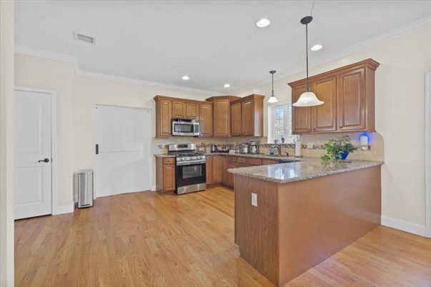Interior, Kitchen, Pendant Lights, Recessed Lighting, Stainless Steel Appliances, Wood Texture Flooring