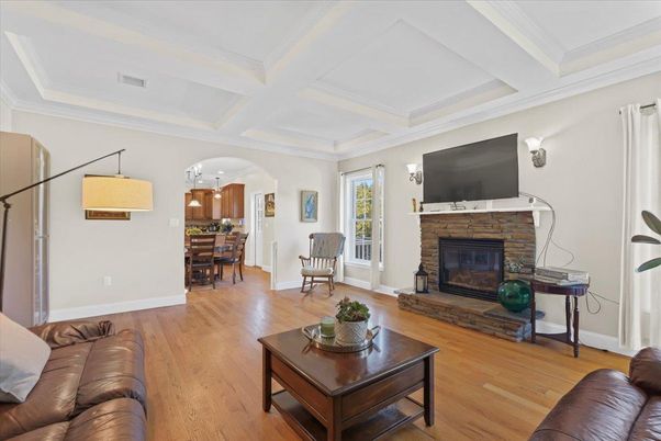 Dining room, Fireplace, Interior, Living room, Pendant Lights, Wood Texture Flooring