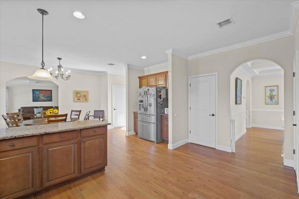 Chandelier, Dining room, Interior, Kitchen, Pendant Lights, Recessed Lighting, Wood Texture Flooring
