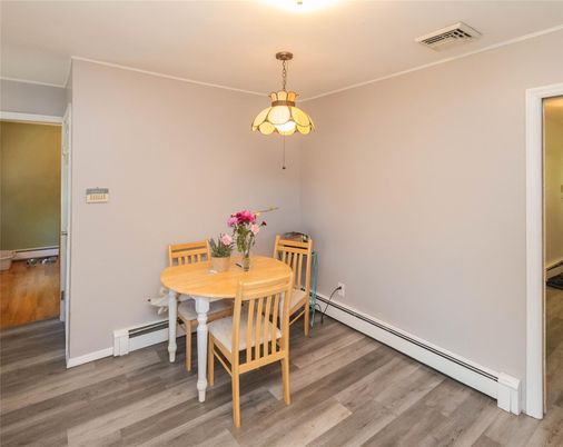 Dining room, Interior, Pendant Lights, Wood Texture Flooring