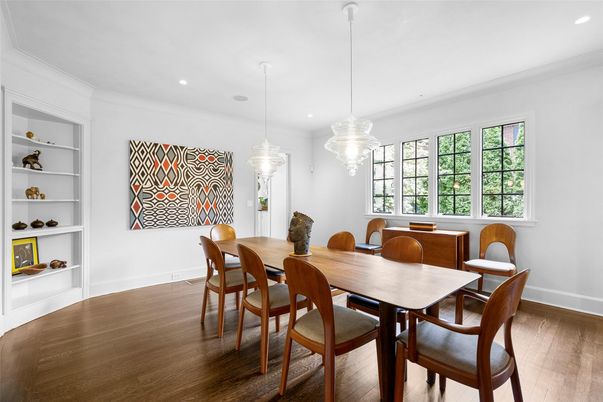 Dining room, Interior, Pendant Lights, Recessed Lighting, Wood Texture Flooring