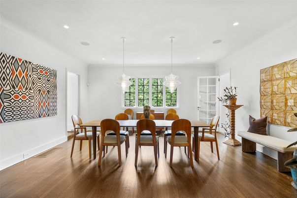 Dining room, Interior, Pendant Lights, Recessed Lighting, Wood Texture Flooring