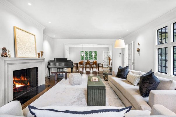 Dining room, Fireplace, Interior, Living room, Pendant Lights, Piano, Recessed Lighting, Wood Texture Flooring