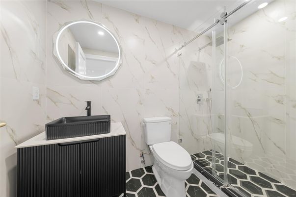 Bathroom, Glass Shower, Interior, Marble Walls, Recessed Lighting