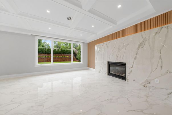 Empty room, Fireplace, Interior, Marble, Marble Walls, Recessed Lighting