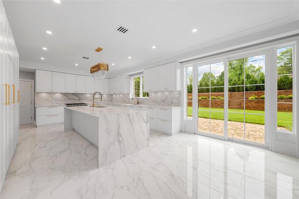 Interior, Kitchen, Marble, Marble Walls, Pendant Lights, Recessed Lighting