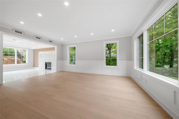Empty room, Fireplace, Interior, Recessed Lighting, Wood Texture Flooring