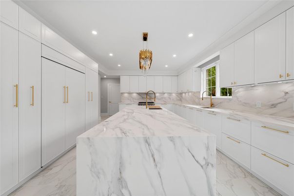 Interior, Kitchen, Marble, Marble Walls, Pendant Lights, Recessed Lighting