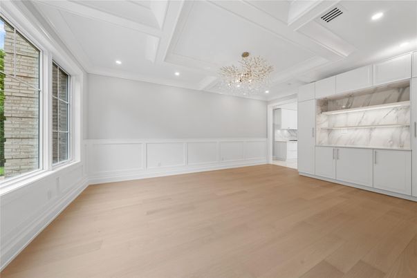 Chandelier, Empty room, Interior, Recessed Lighting, Wood Texture Flooring