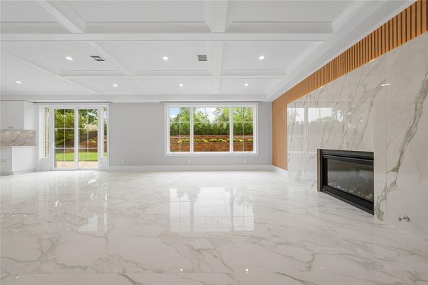 Empty room, Fireplace, Interior, Marble, Marble Walls, Recessed Lighting