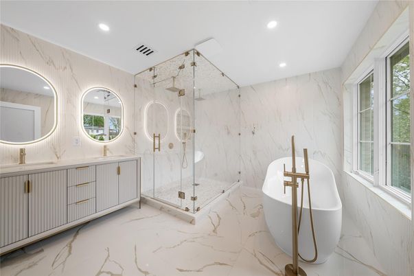 Bathroom, Free Standing Baths, Glass Shower, Interior, Marble, Marble Walls, Recessed Lighting