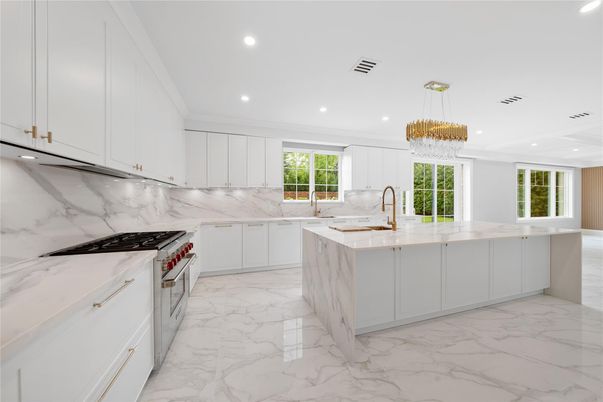 Chandelier, Interior, Kitchen, Marble, Marble Walls, Pendant Lights, Recessed Lighting, Stainless Steel Appliances