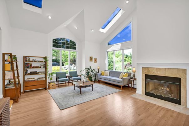 Fireplace, Interior, Living room, Recessed Lighting, Wood Texture Flooring
