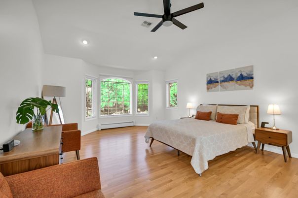 Bedroom, Interior, Recessed Lighting, Wood Texture Flooring