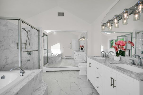Bathroom, Dual Sink Vanities, Glass Shower, Interior, Marble, Marble Walls