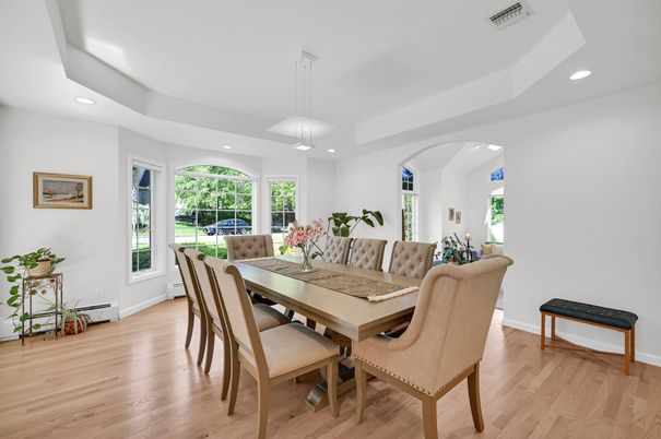 Dining room, Interior, Pendant Lights, Recessed Lighting, Wood Texture Flooring