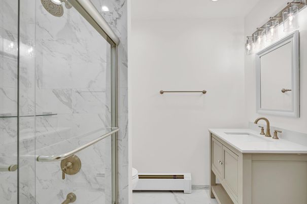 Bathroom, Glass Shower, Interior, Marble Walls, Recessed Lighting