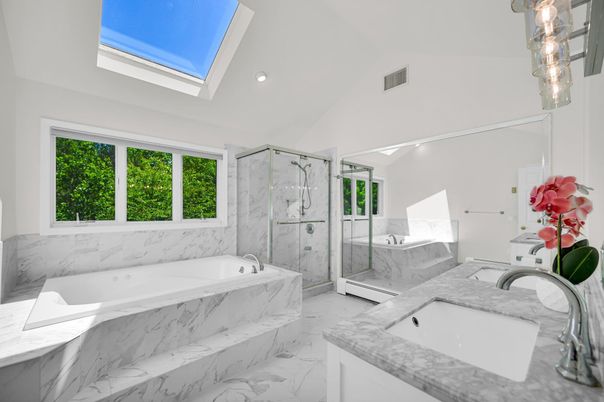 Bathroom, Glass Shower, Interior, Marble, Marble Walls, Recessed Lighting