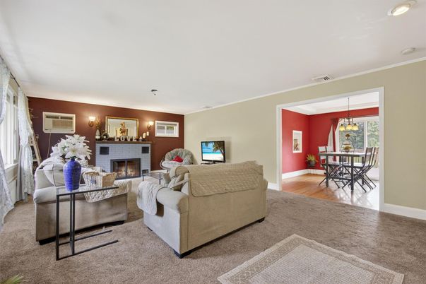 Dining room, Fireplace, Interior, Living room, Pendant Lights, Wood Texture Flooring