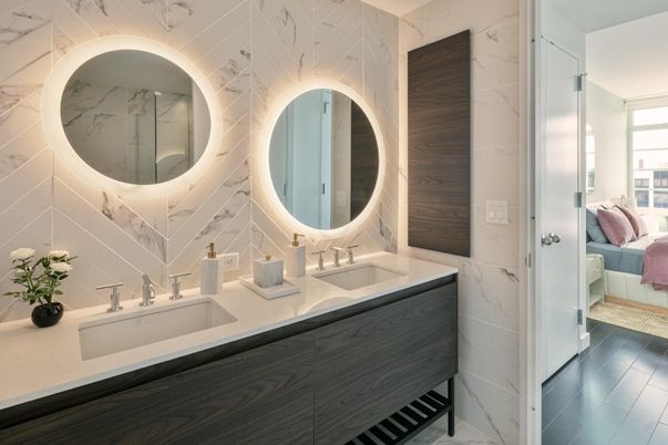 Bathroom, Dual Sink Vanities, Interior, Marble Walls, Wood Texture Flooring