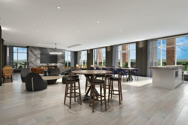 Dining room, Fireplace, Interior, Living room, Pendant Lights, Recessed Lighting, Wood Texture Flooring