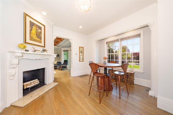 Dining room, Fireplace, Interior, Recessed Lighting, Wood Texture Flooring