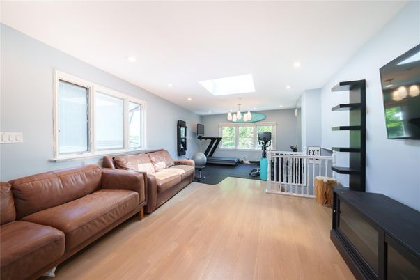 Chandelier, Fitness Equipment, Interior, Living room, Recessed Lighting, Wood Texture Flooring
