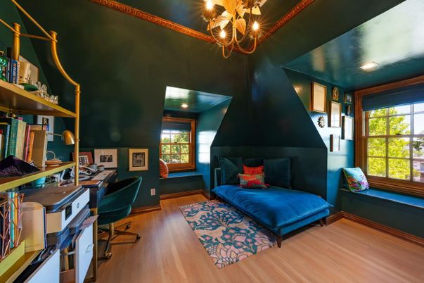 Chandelier, Fireplace, Home Office, Interior, Recessed Lighting, Wood Texture Flooring